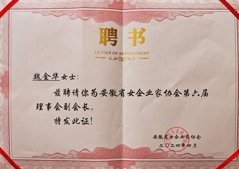 祝贺！350vip浦京集团总裁魏金华获安徽省女企业家协会第六届副会长荣誉